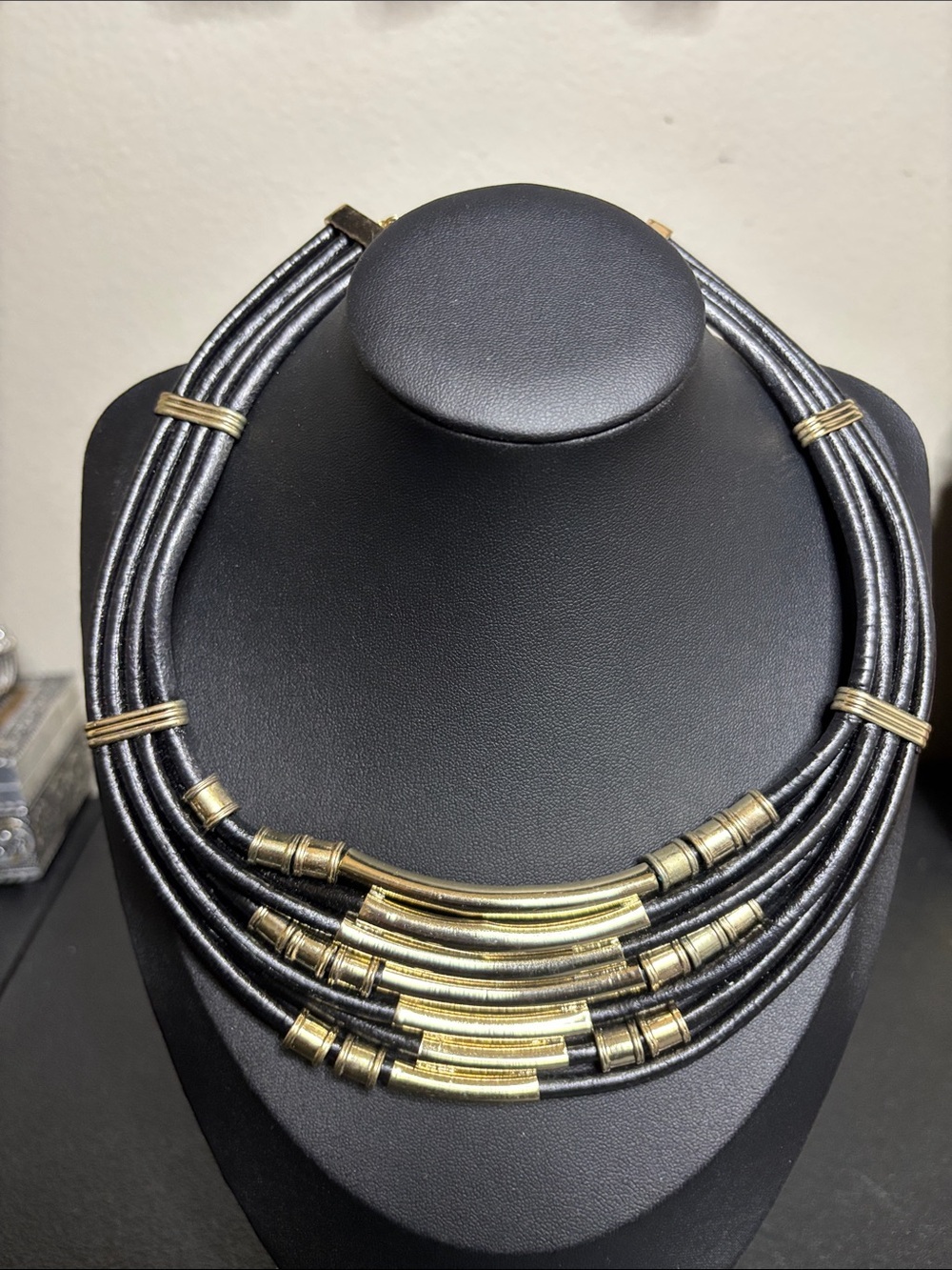 Express Black Leather Gold Tone Statement Edgy Collar Necklace